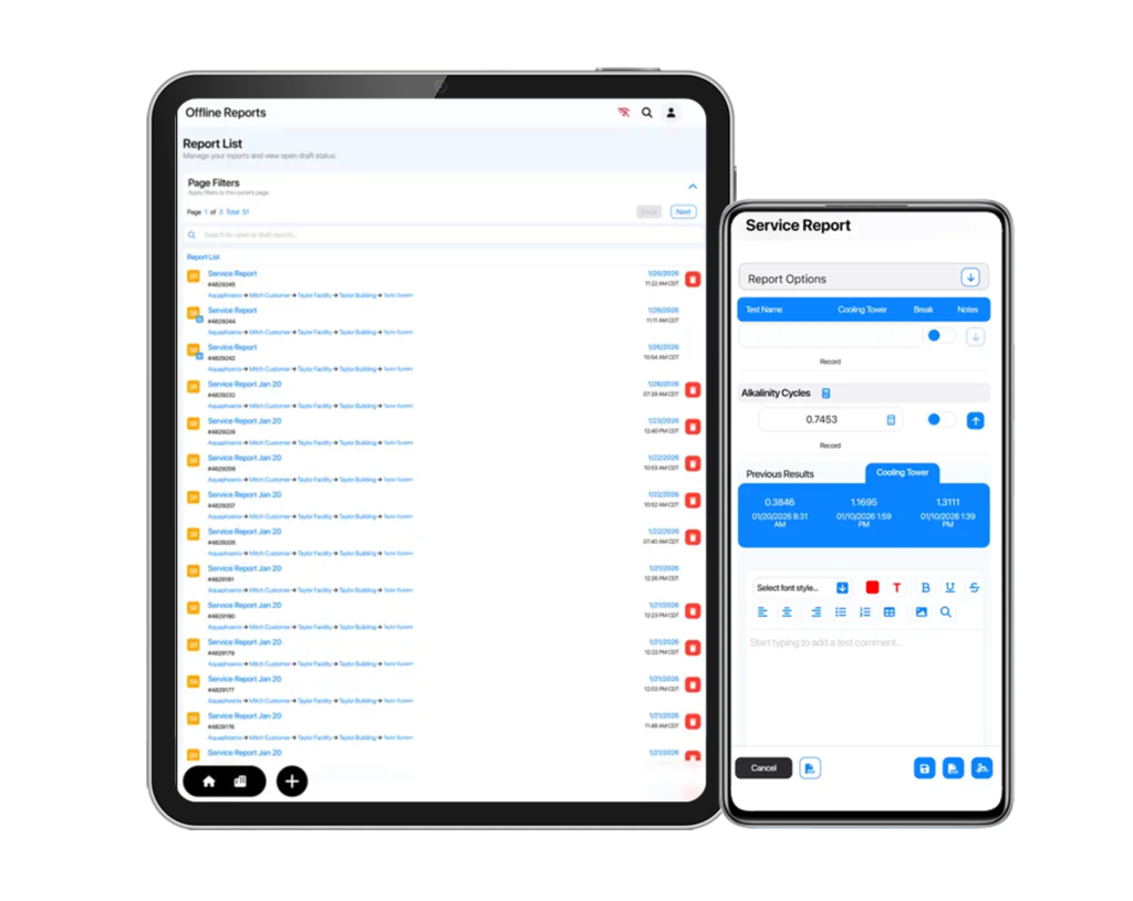 Aliquot app being shown on both a tablet screen and a mobile phone screen. The tablet shows a list of reports while being used in the new offline mode feature, mobile phone shows a service report form that you fill out in the app to record your data