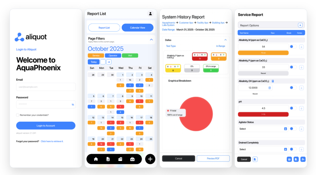 Four screenshots of the mobile phone version of the Aliquot app. First screenshot shows the login screen, second show the calendar view, third shows the system history data of a tank, and the fourth shows a service reports information recorded.